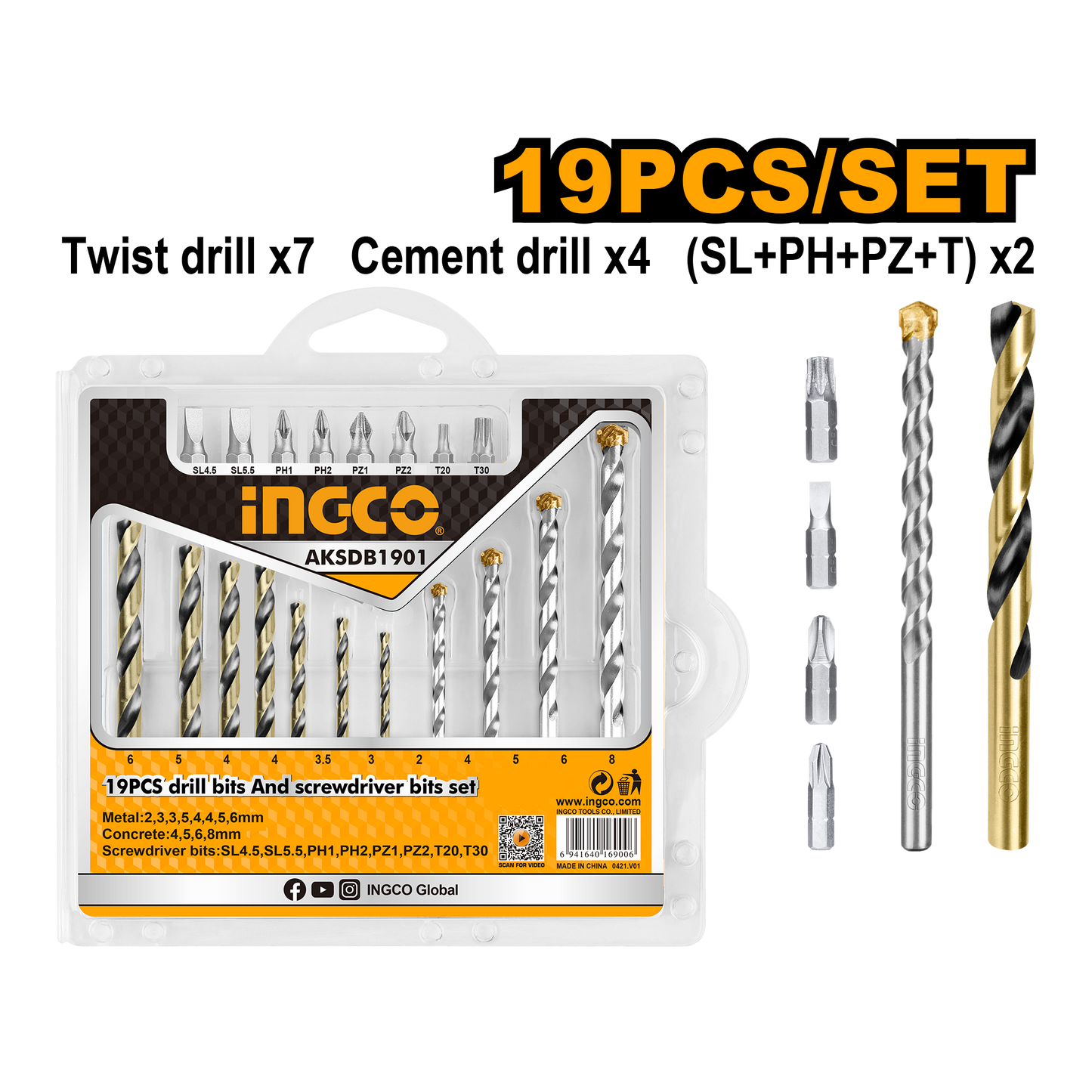 INGCO 19PC DRILL & SCREWDRV BITS SET