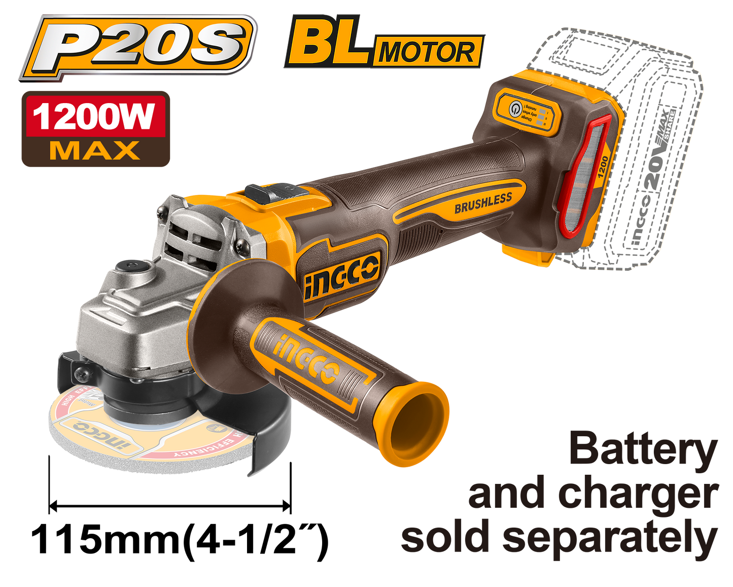 INGCO 20V PS+ C/L GRINDER 115MM 1200W BRUSHLESS