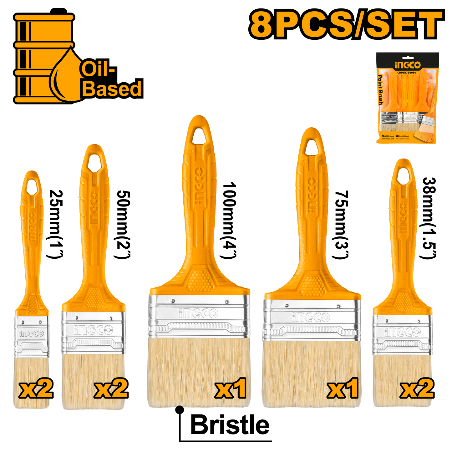 INGCO PAINT BRUSH PLASTIC HNDL 8PC
