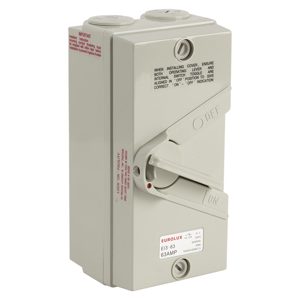 EUROLUX Isolator Switch 3 Pole 63 Amp 440V Ip66Colour: Grey Material: Plastic IP Rating: 66 height: 170mm width: 85mm depth: 75mm box qty: 1 Barcode: 6007328377498