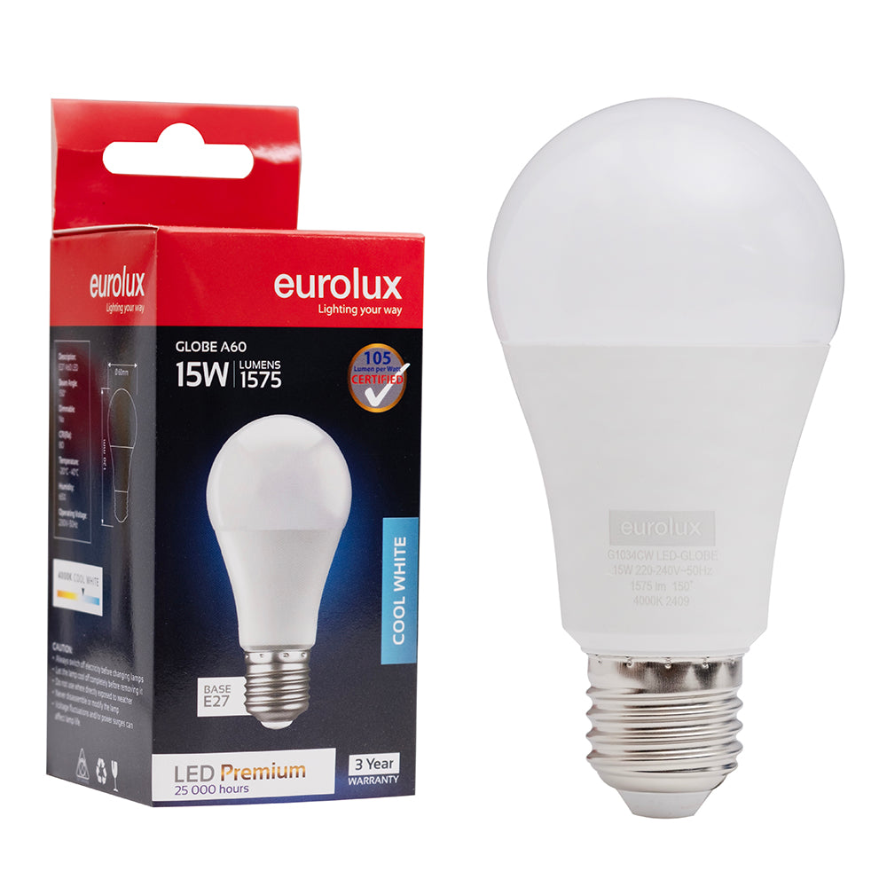 EUROLUX Cool White E27 15W Opal Globe LED