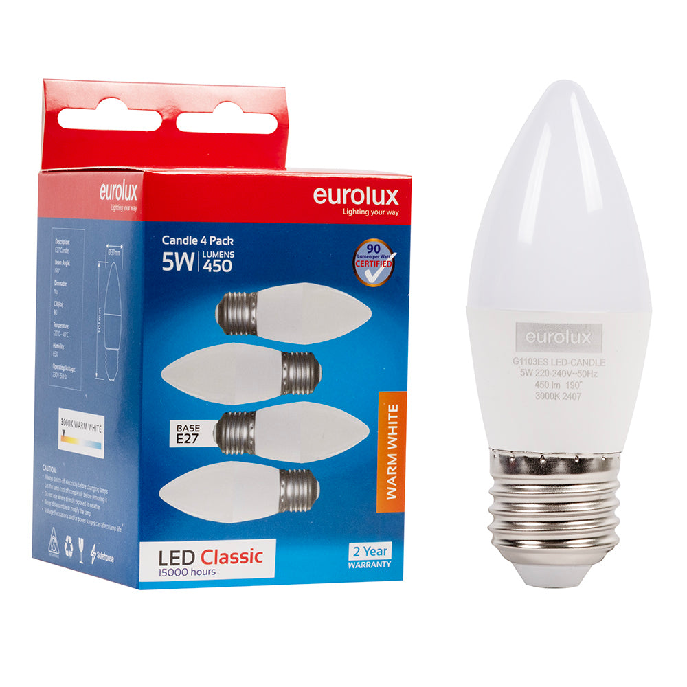 EUROLUX Candle Classic 5w LED E27 3000K 4 Pack
