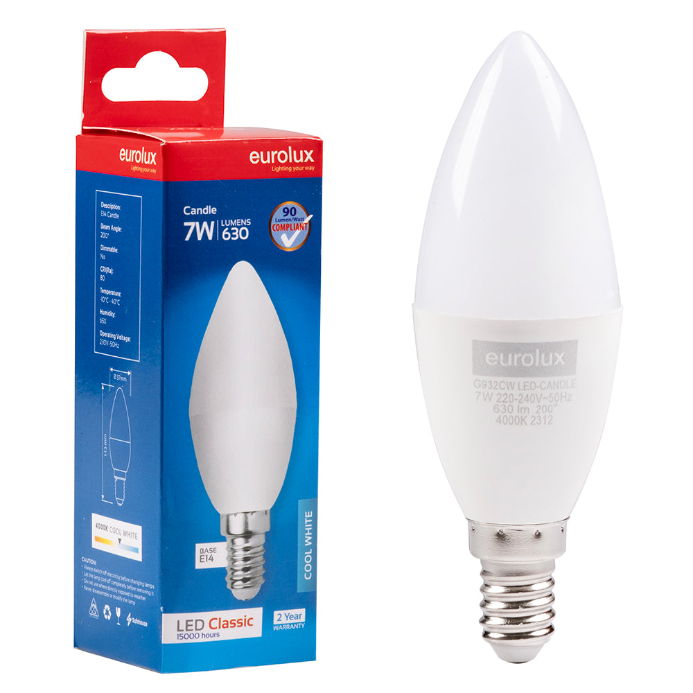 EUROLUX Cool White E14 7W Opal Candle Plastic LED