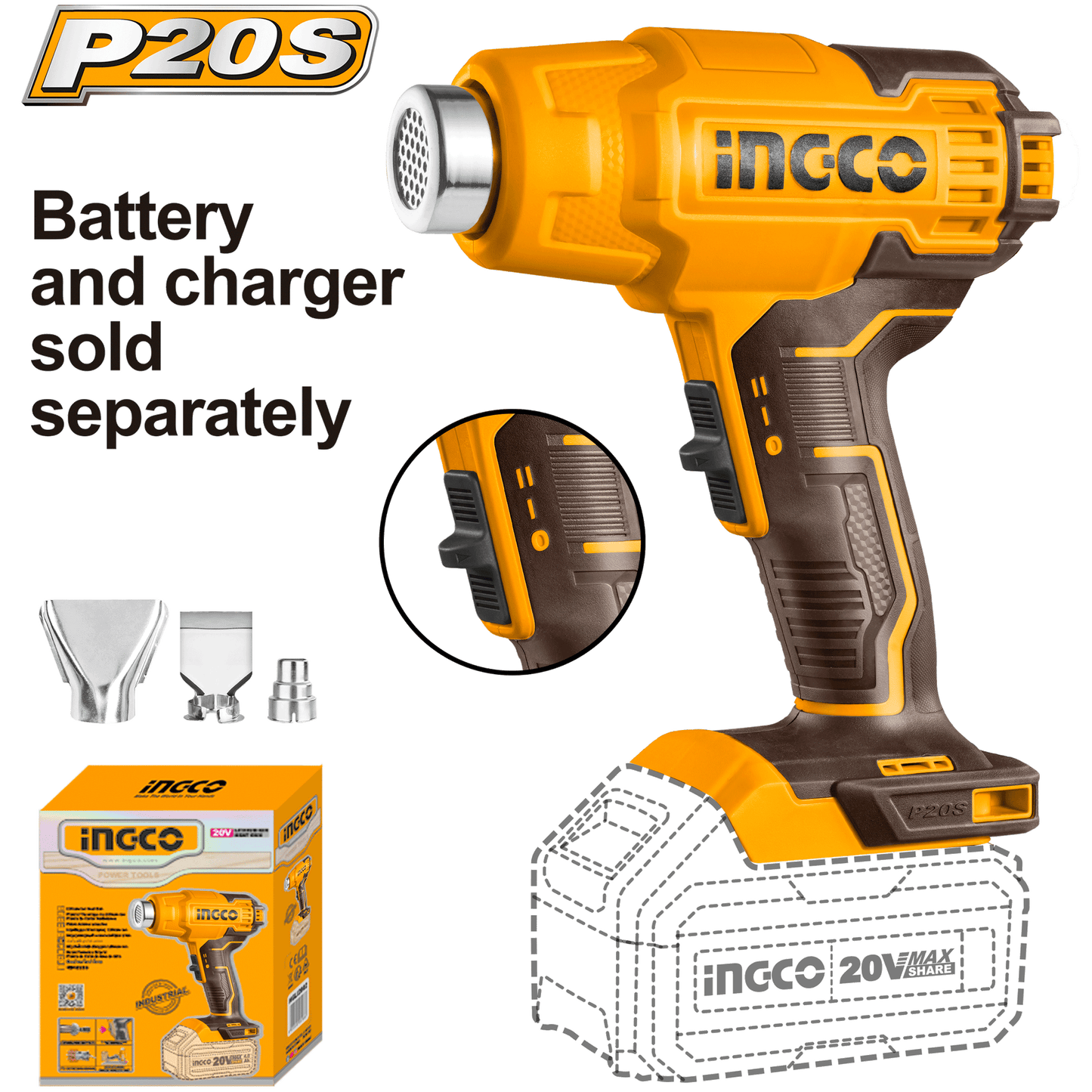INGCO 20V PS+ C/L HEAT GUN 3P