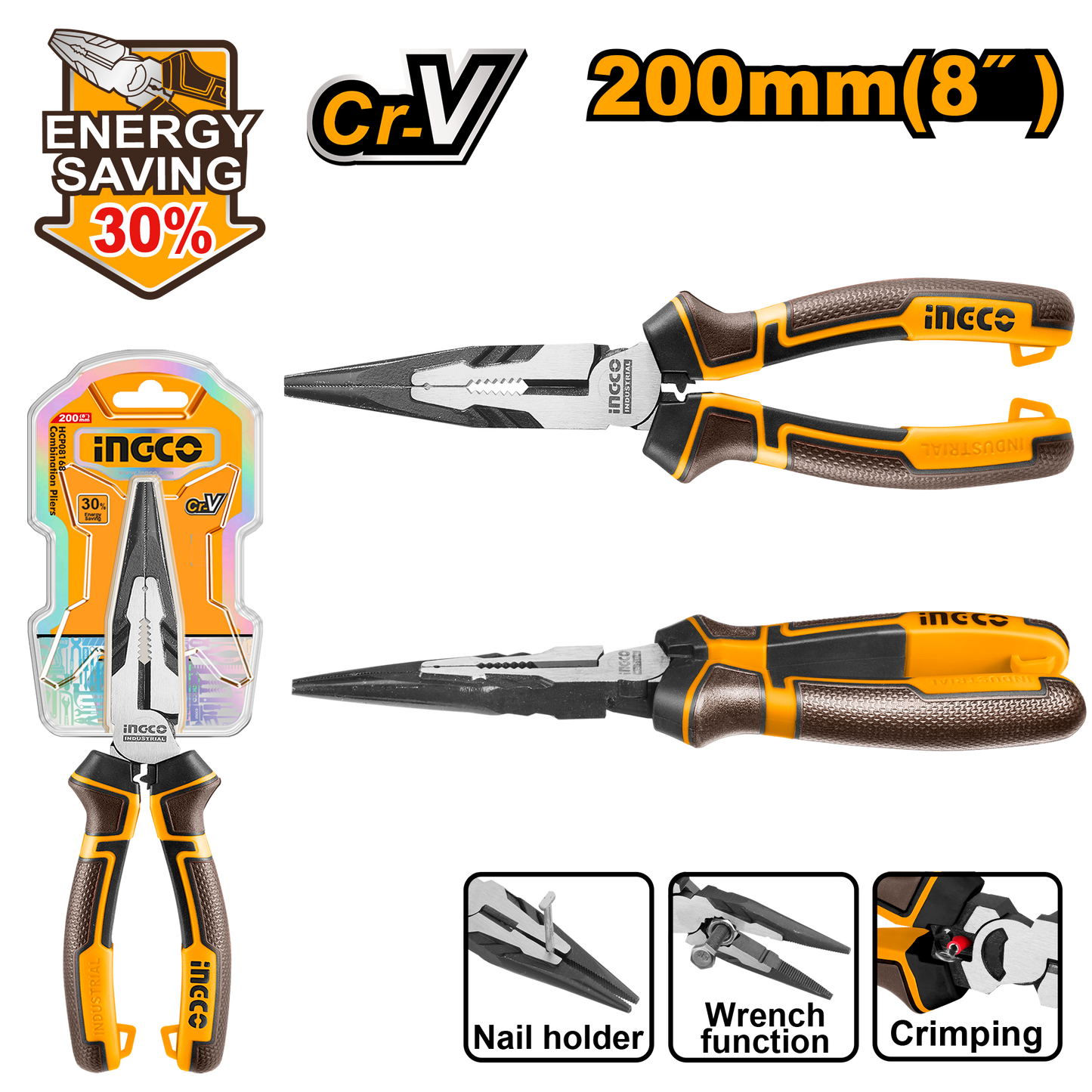 INGCO PLIER L/NOSE 200MM HL CR-V