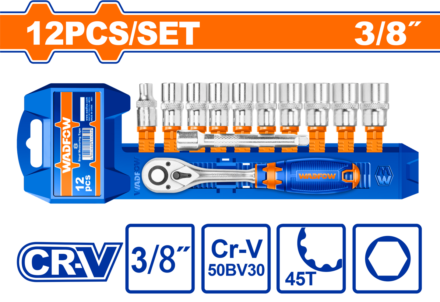 WADFOW "SOCKET SET Cr-V 3/8" 45T 12PCS"