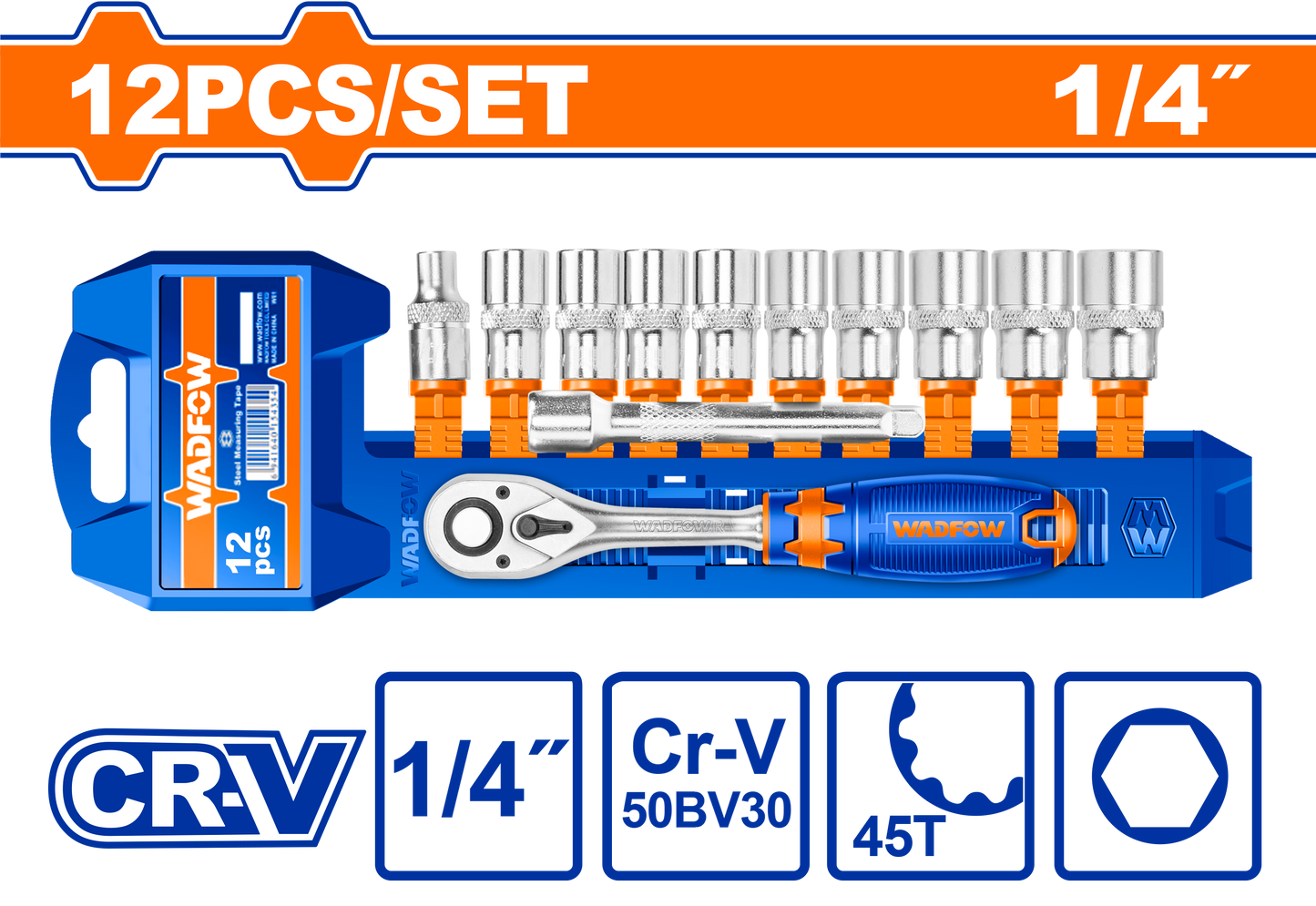 WADFOW "SOCKET SET Cr-V 1/4" 45T 12PCS"