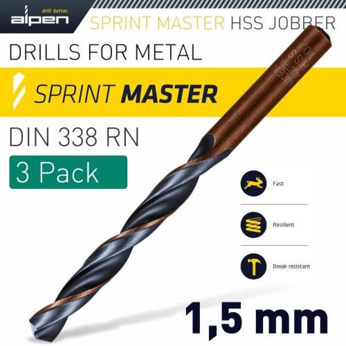 HSS SPRINT MASTER 1.5MM X3 SLEEVED DIN338 ALPEN DRILL BIT
