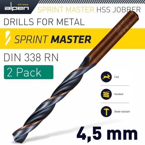 HSS SPRINT MASTER 4.5MM X2 SLEEVED DIN338 ALPEN DRILL BIT