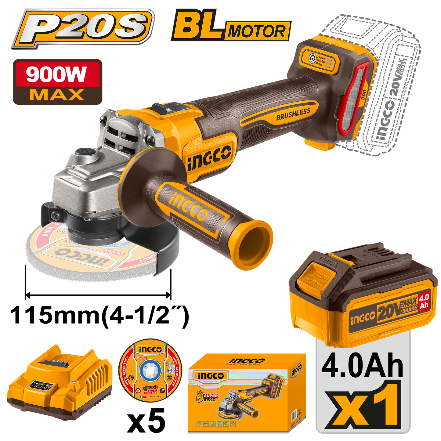INGCO 20V PS+ C/L GRINDER 115MM B/L KIT