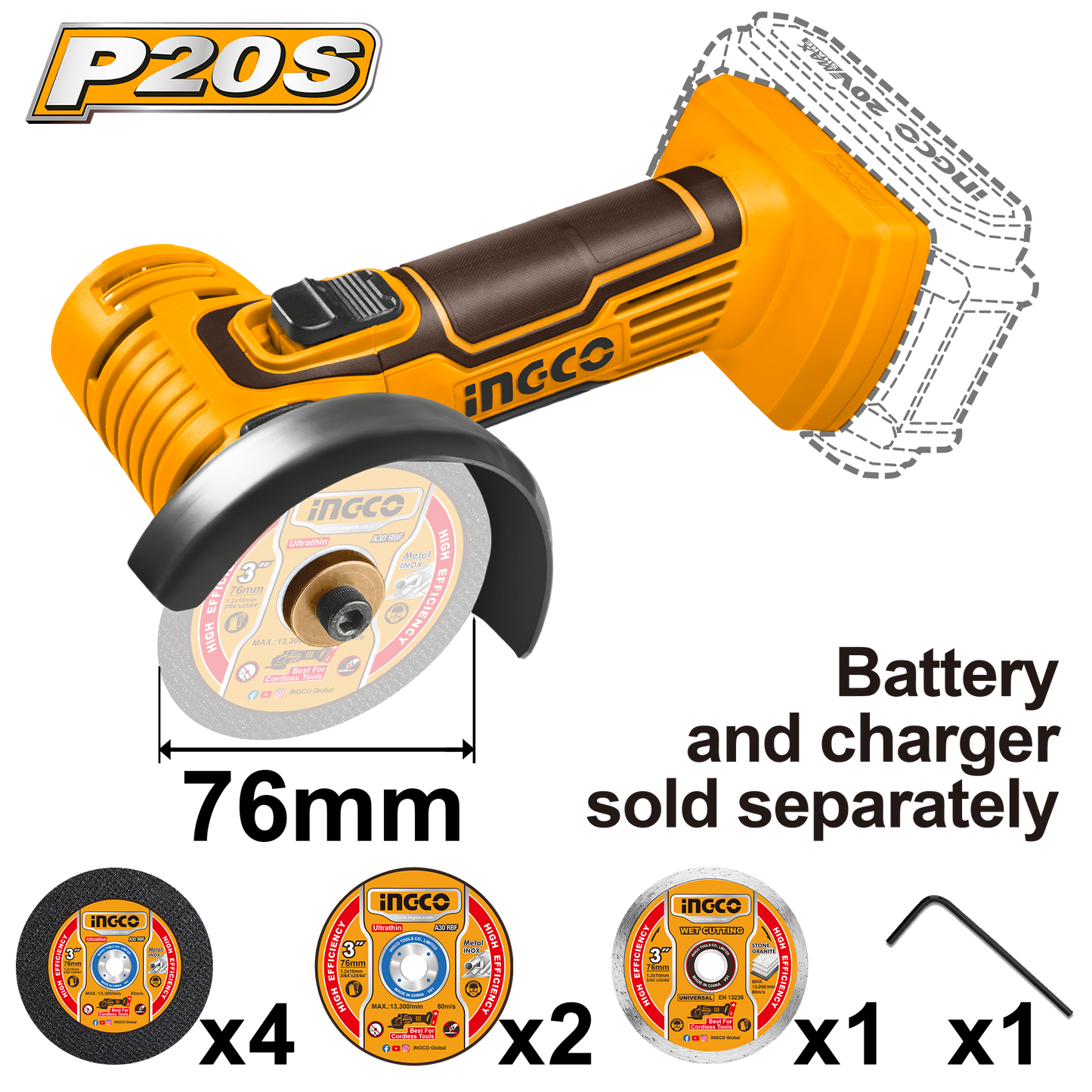 INGCO 20V PS+ C/L GRINDER 76MM  8P
