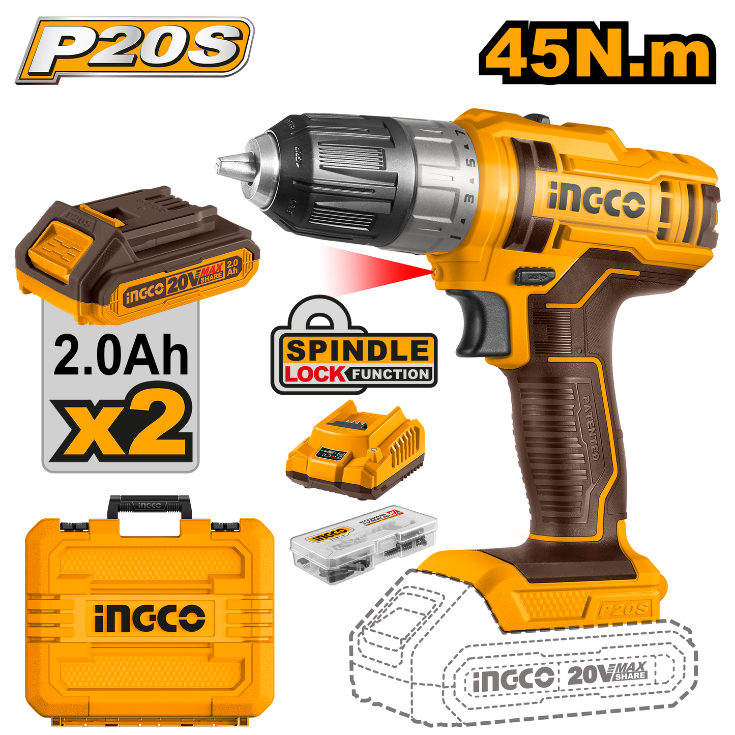 20V PS+ C/L DRILL 45NM 47P ACC KIT INCL 2B & CHARG