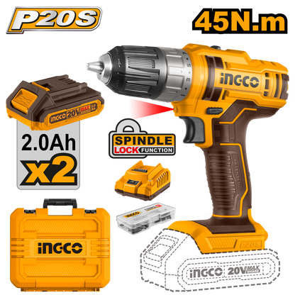 INGCO 20V PS+ C/L DRILL 45NM 47P ACC KIT INCL 2B & CHARG