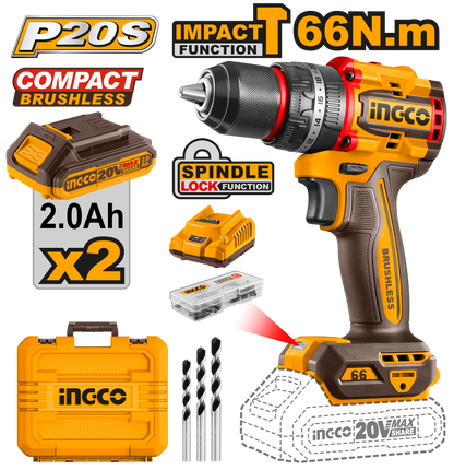 INGCO 20V PS+ C/L DRILL B/L 66NM IMP KIT +ACC