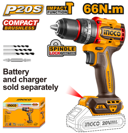 INGCO 20V PS+ C/L DRILL B/LESS 66NM IMP + ACC