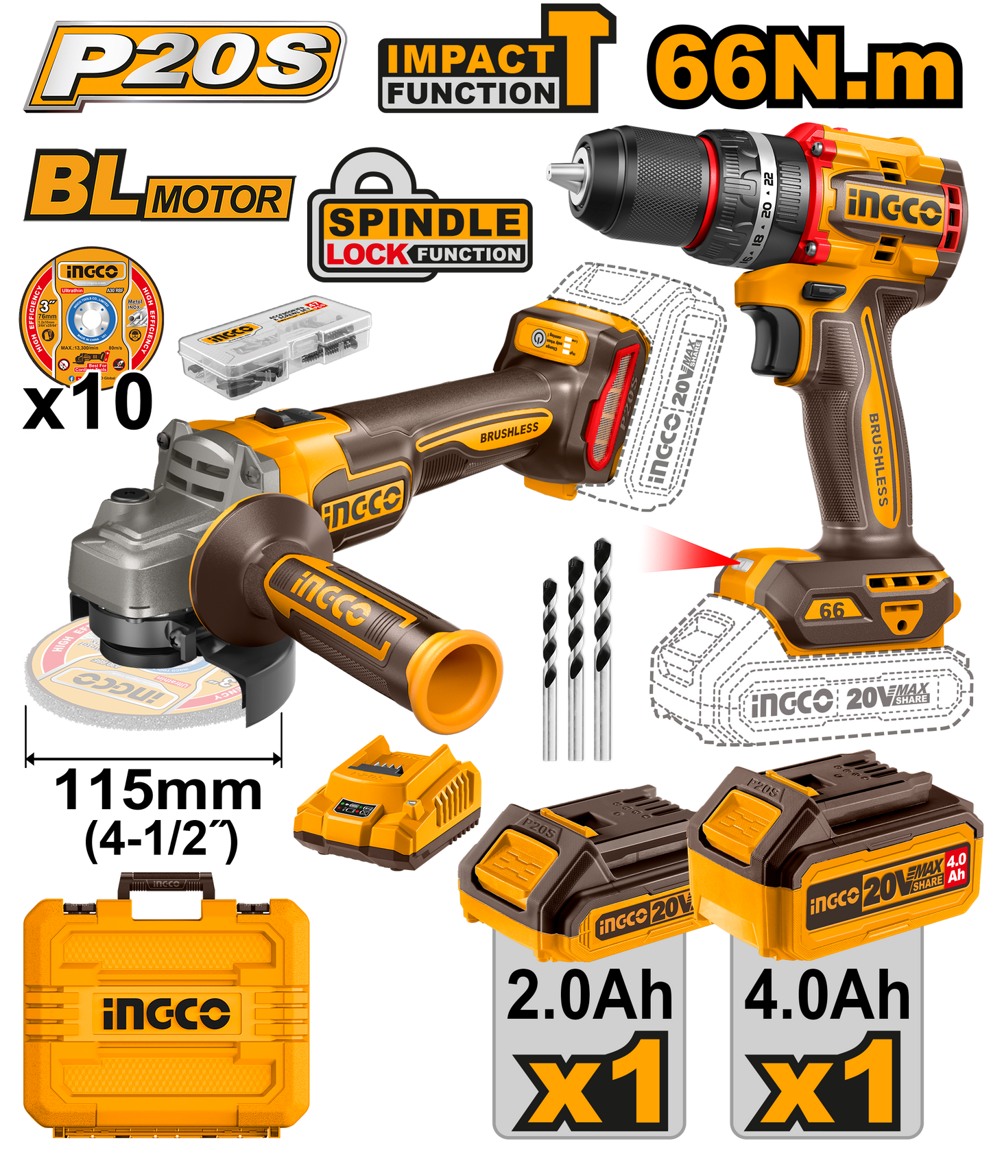 INGCO 20V PS+ C/L 2PCS DRILL/ANGLE GRINDER  KIT