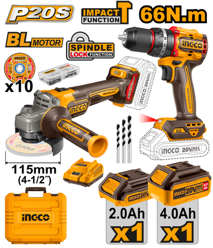 INGCO 20V PS+ C/L 2PCS DRILL/ANGLE GRINDER  KIT