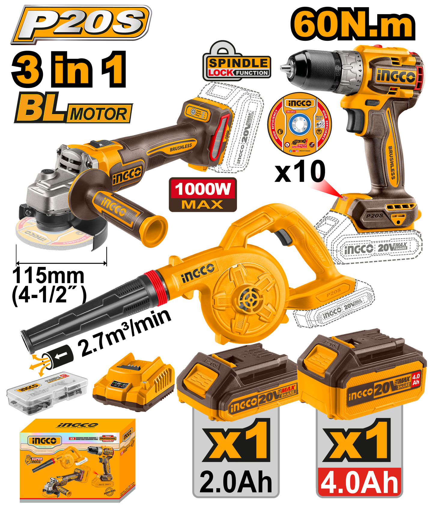 20V PS+ C/L A/GRIND DRILL BLOWER COMBO KIT 3PCS