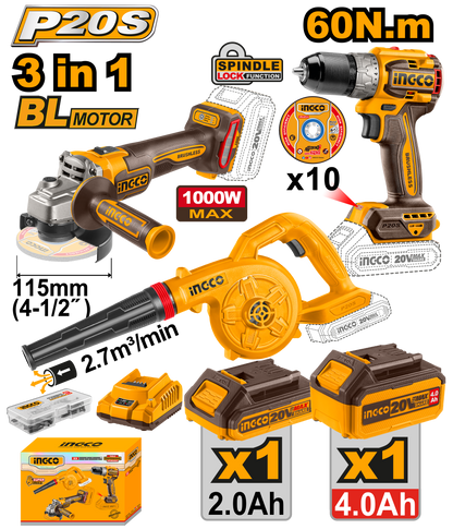 INGCO 20V PS+ C/L A/GRIND DRILL BLOWER COMBO KIT 3PCS