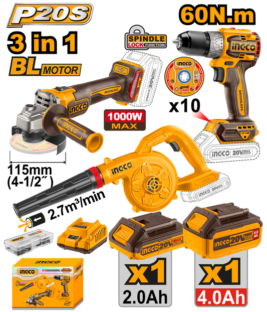 20V PS+ C/L A/GRIND DRILL BLOWER COMBO KIT 3PCS