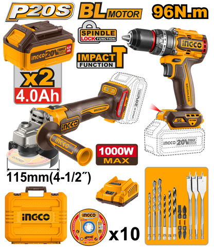 INGCO 20V PS+ C/L IMPACT DRILL / GRINDER 2PCS COMBO