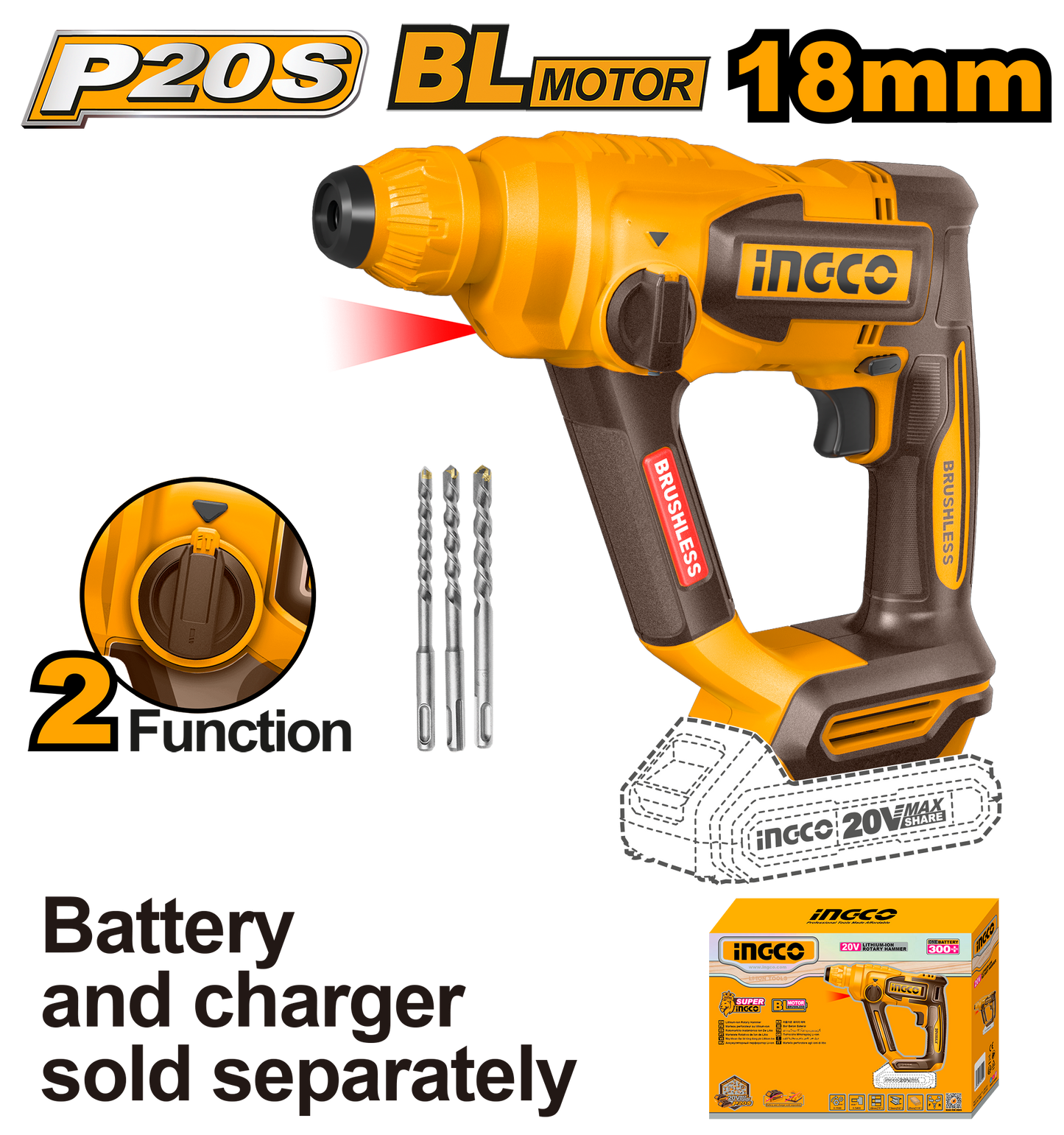 INGCO 20V PS+ C/L ROTARY HAMMER 1.8J +ACC NO B/C