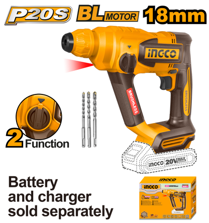 INGCO 20V PS+ C/L ROTARY HAMMER 1.8J +ACC NO B/C