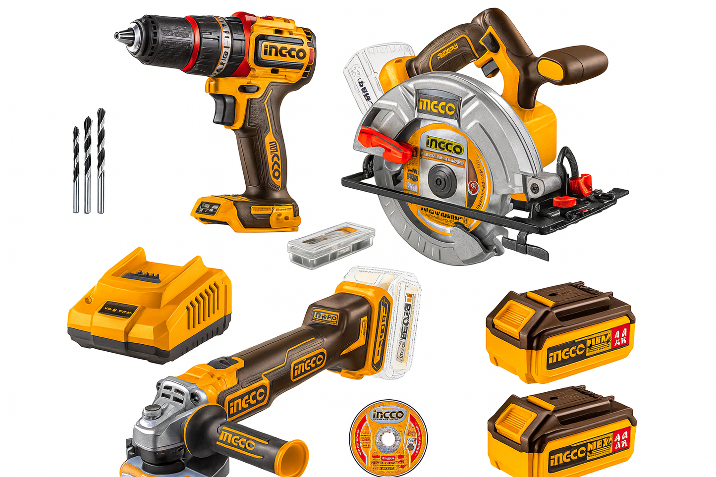 Ingco 20V 3pcs Set- Angle Grinder/Drill/Circular Saw