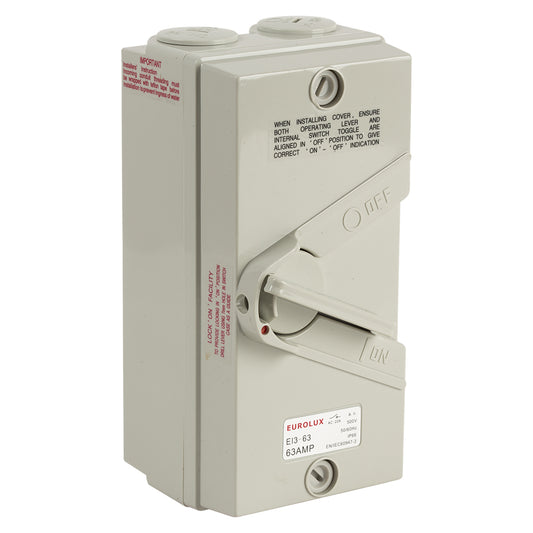 EUROLUX Isolator Switch 3 Pole 63 Amp 440V Ip66Colour: Grey Material: Plastic IP Rating: 66 height: 170mm width: 85mm depth: 75mm box qty: 1 Barcode: 6007328377498