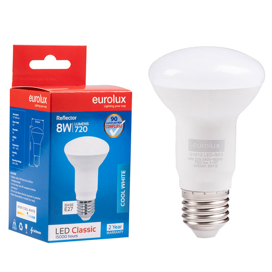 EUROLUX Cool White E27 8W R63 LED Reflector