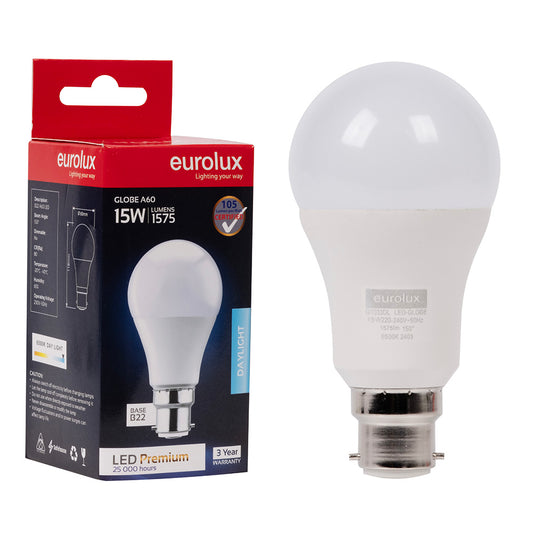 EUROLUX LED A60 15w B22 Day Light 6500k Globe Opal
