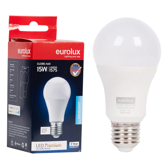 EUROLUX LED A60 Globe 15W E27 Daylight 6500k Opal