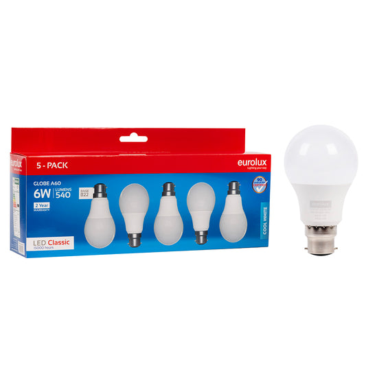 6W A60 B22 LED - 5 pack