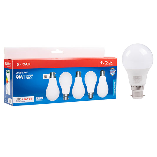 EUROLUX A60 Classic 9w LED B22 4000K 5 Pack
