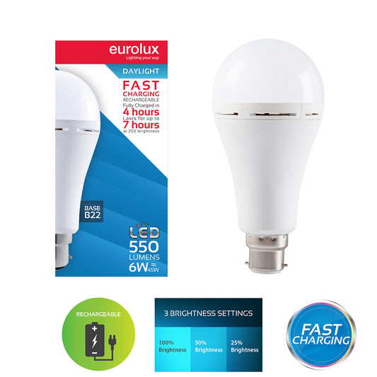 EUROLUX Rechargeable Fast Charging Lamp B22 LED 6w 6500K