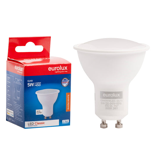 EUROLUX GU10 Classic Frosted Lens 5w LED 3000K Non DimmableGU10 Classic Frosted Lens 5w LED 3000K Non Dimmable
