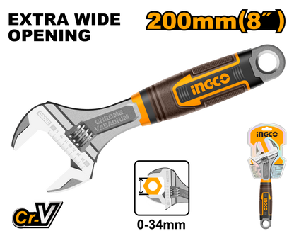 INGCO WRENCH ADJUST 200MM S/GRIP CRV