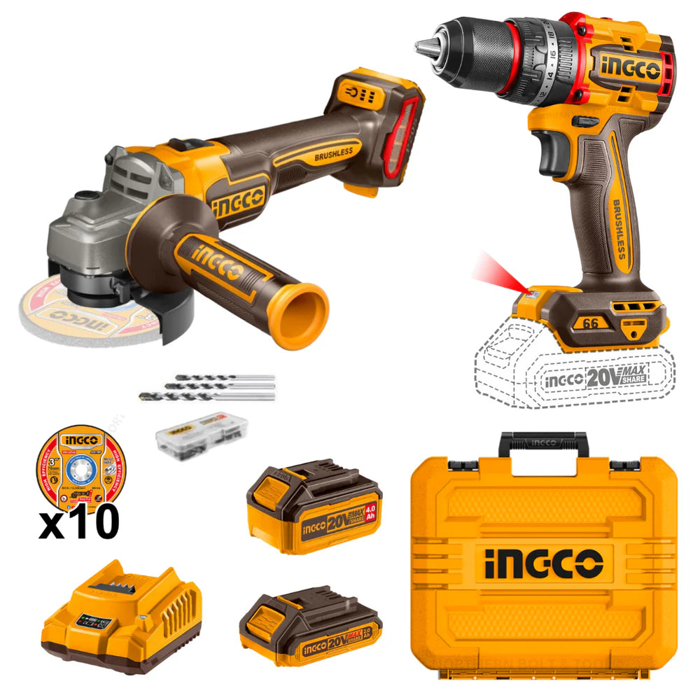 INGCO 20V PS+ C/L 2PCS DRILL/ANGLE GRINDER  KIT