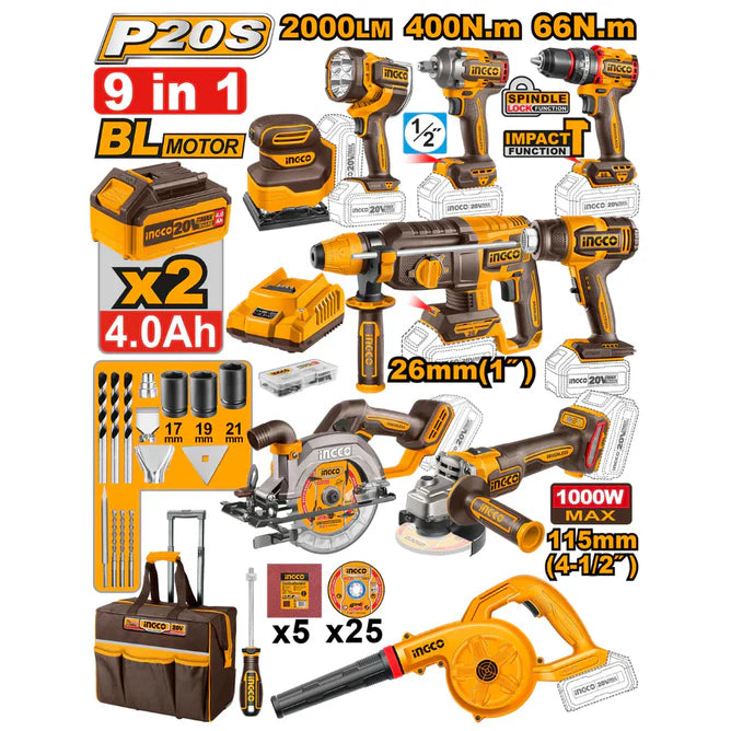 Ingco 9 Piece Cordless Industrial Kit (2025) COSLI250381