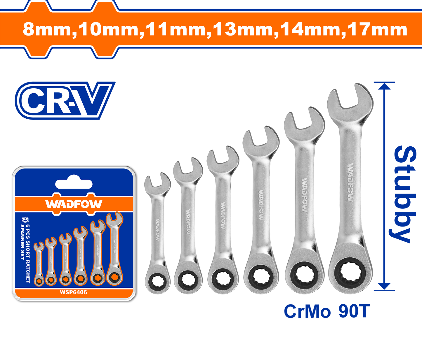 SPANNER RATCHET STUBBY SET Cr-Mo 90T 8-17MM 6PCS