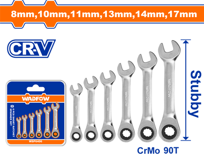 WADFOW SPANNER RATCHET STUBBY SET Cr-Mo 90T 8-17MM 6PCS