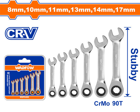 SPANNER RATCHET STUBBY SET Cr-Mo 90T 8-17MM 6PCS