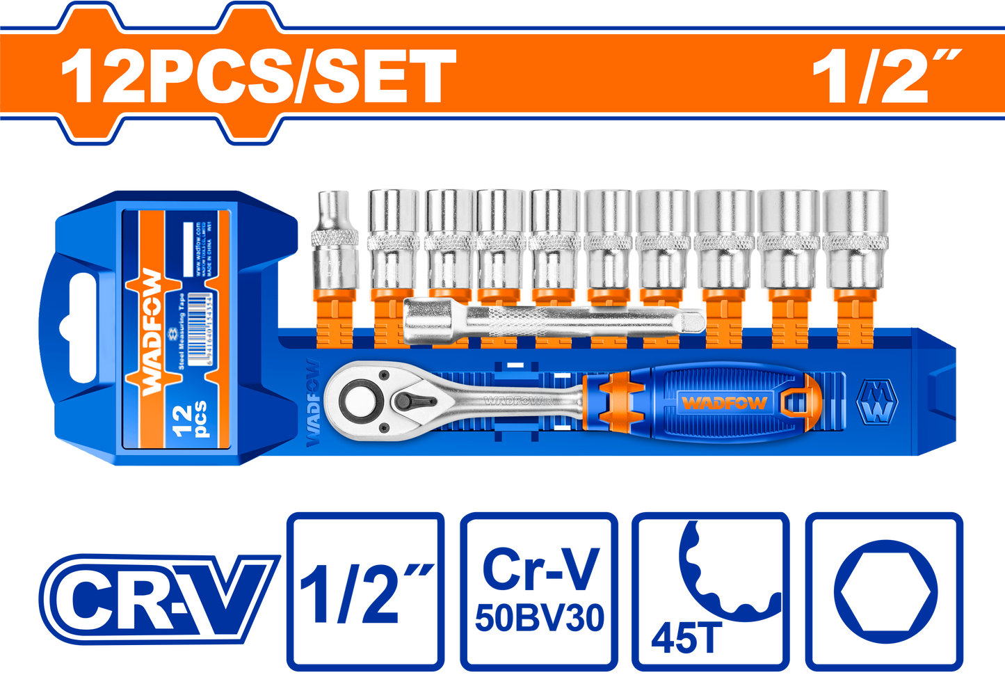 "SOCKET SET Cr-V 1/2" 45T 12PCS"