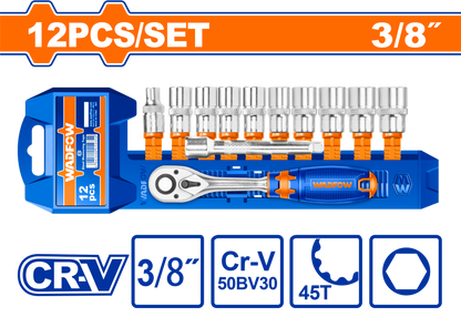 WADFOW "SOCKET SET Cr-V 3/8" 45T 12PCS"