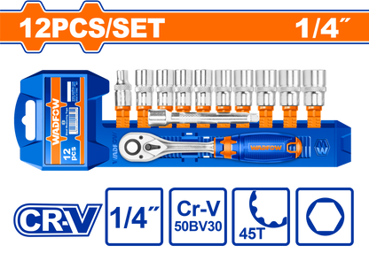 WADFOW "SOCKET SET Cr-V 1/4" 45T 12PCS"