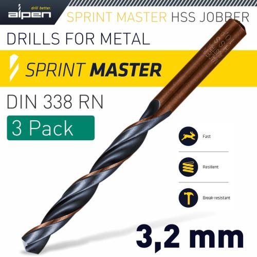 HSS SPRINT MASTER 3.2MM X3 SLEEVED DIN338 ALPEN DRILL BIT