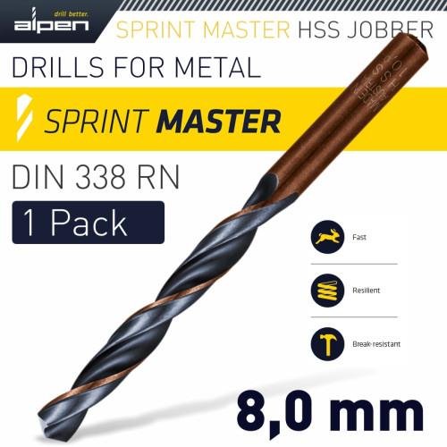 HSS SPRINT MASTER 8.0MM X1 SLEEVED DIN338 ALPEN DRILL BIT
