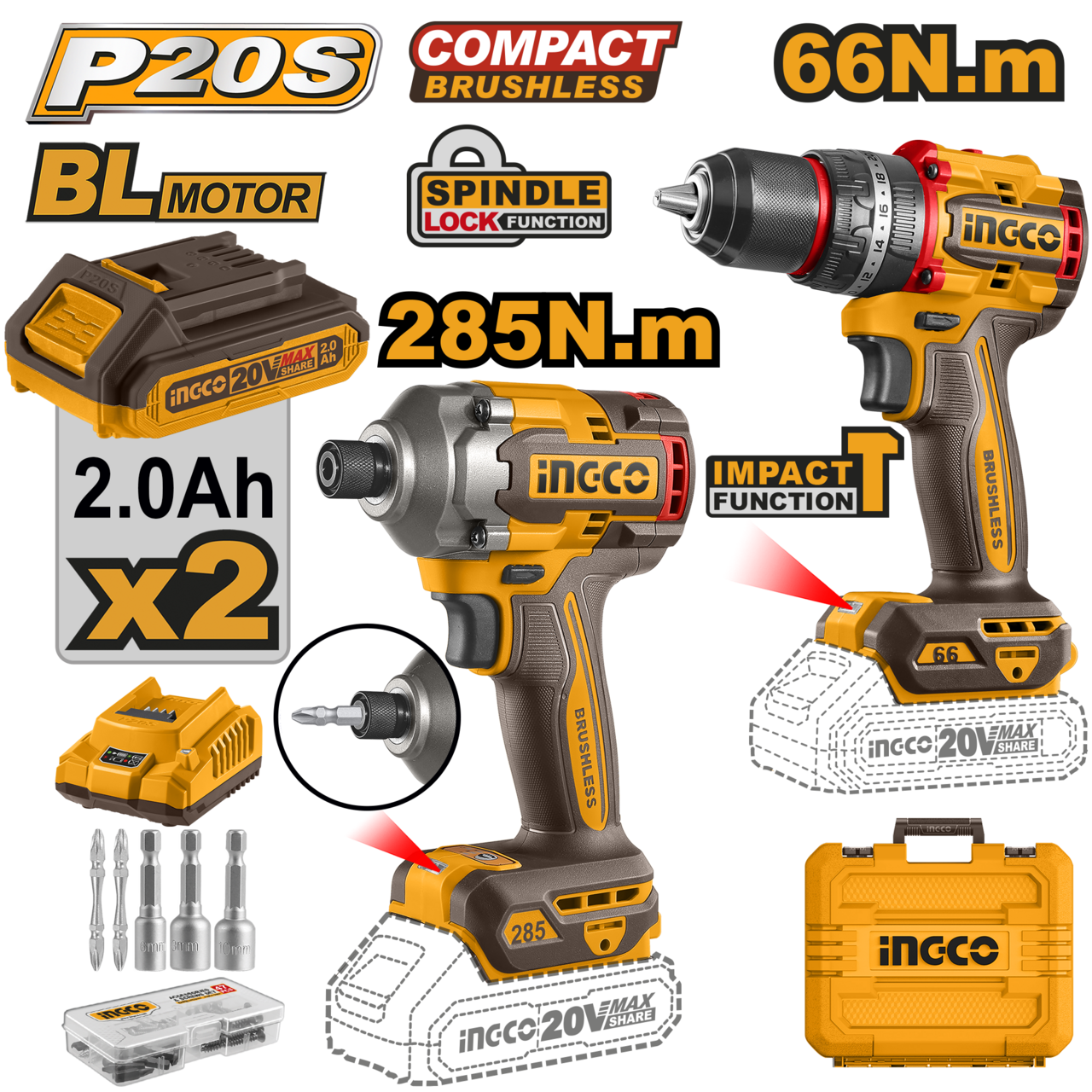INGCO 20V PS+ C/L 2PCS DRILL/DRIVER COMBO KIT