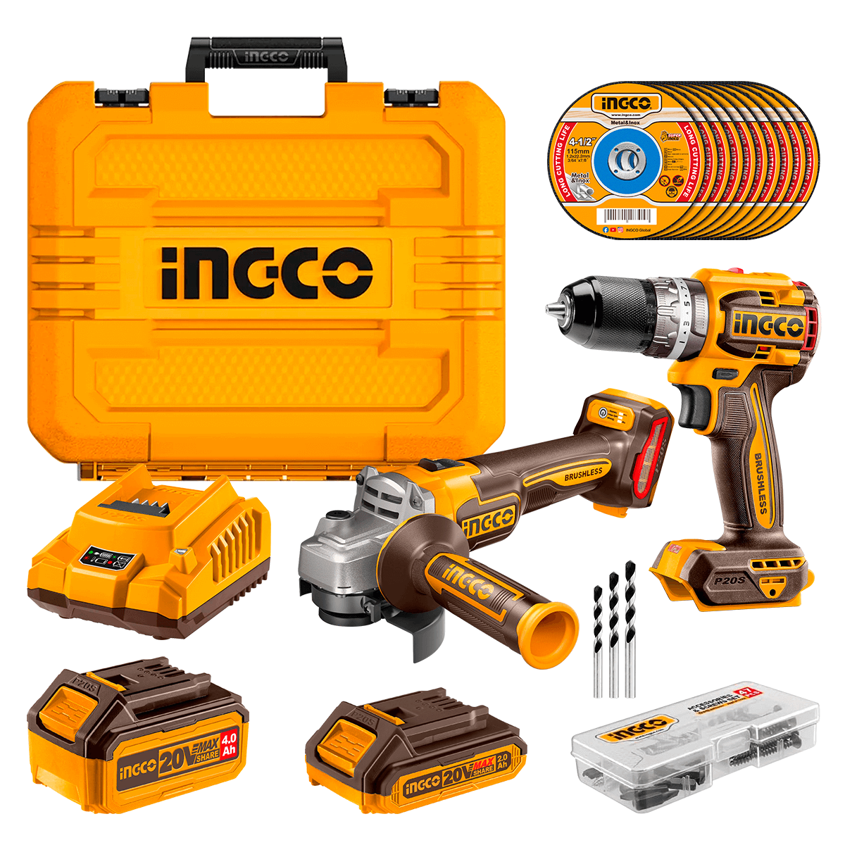 INGCO 20V PS+ C/L 2PCS DRILL/ANGLE GRINDER  KIT